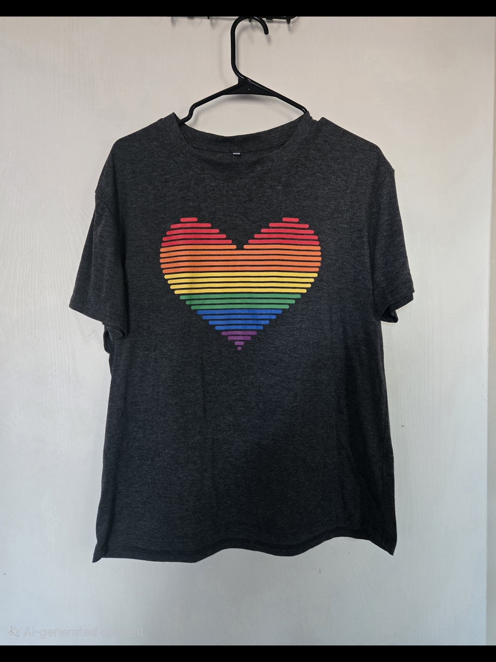 Pride Charcoal Tee with Rainbow Striped Heart Graphic XL
